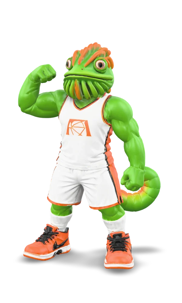 Larry, el camaleón mascota del torneo, sacando bíceps